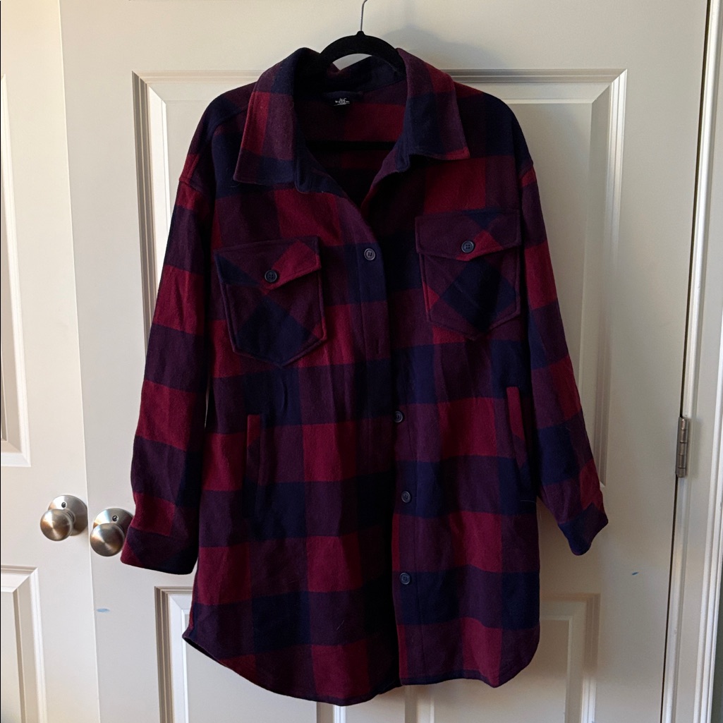 Woolx Sutton Button-Up Wool Shacket - Cranberry Navy